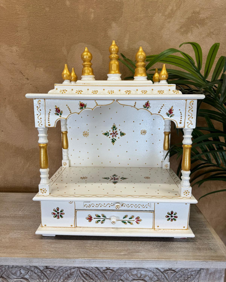 Hand-Painted Ivory Mango Wood Mandir – Floral Motifs & Gold Domes
