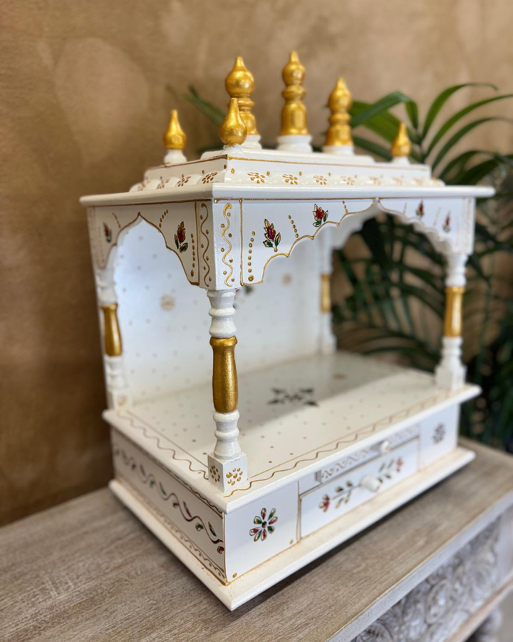 Hand-Painted Ivory Mango Wood Mandir – Floral Motifs & Gold Domes