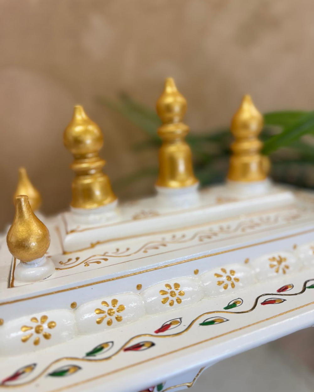 Hand-Painted Ivory Mango Wood Mandir – Floral Motifs & Gold Domes