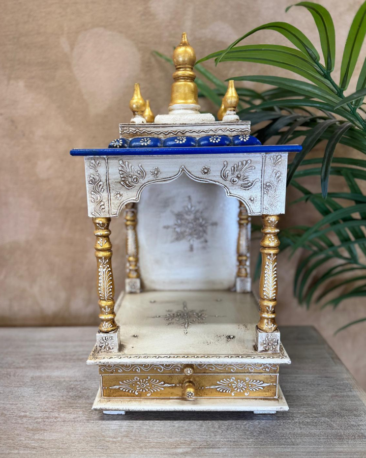 Hand-Painted Wooden Mandir – White & Blue Open Temple Shrine