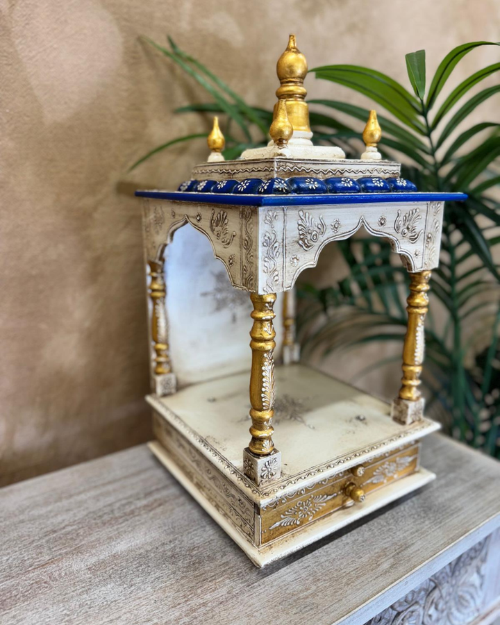 Hand-Painted Wooden Mandir – White & Blue Open Temple Shrine