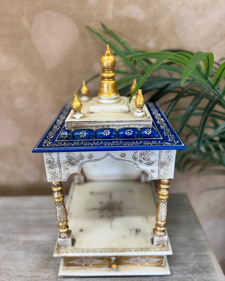 Hand-Painted Wooden Mandir – White & Blue Open Temple Shrine