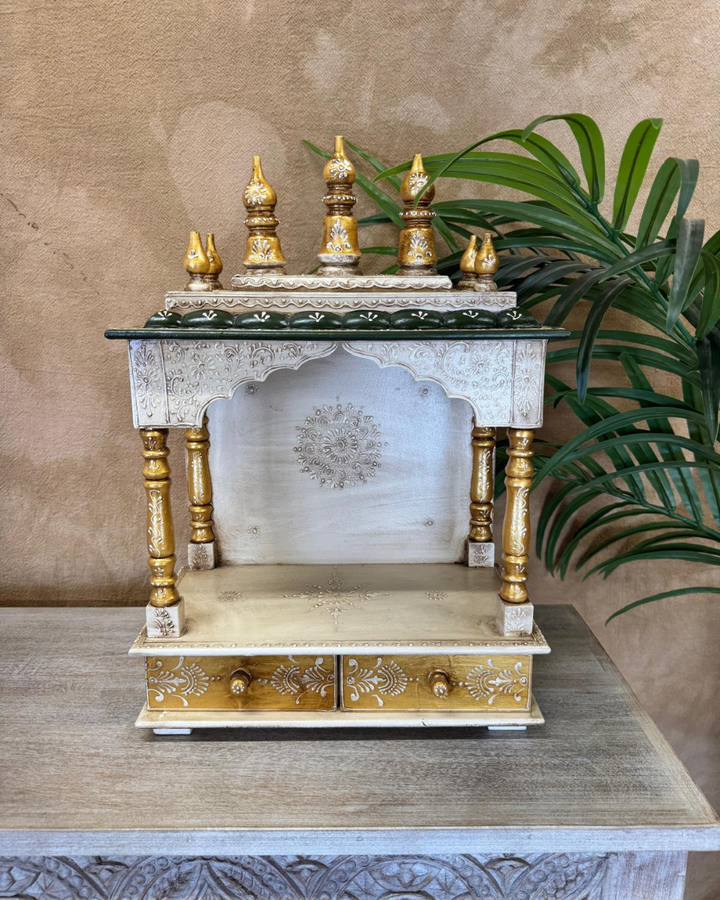 Hand-Carved Mango Wood Mandir – Natural & Green with Dome Finials