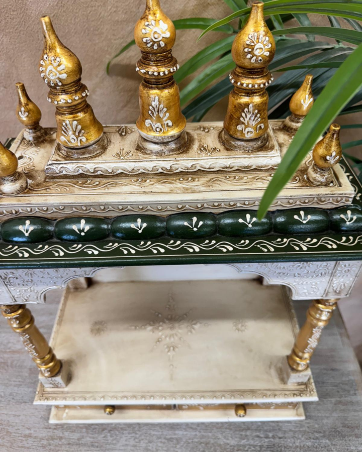 Hand-Carved Mango Wood Mandir – Natural & Green with Dome Finials