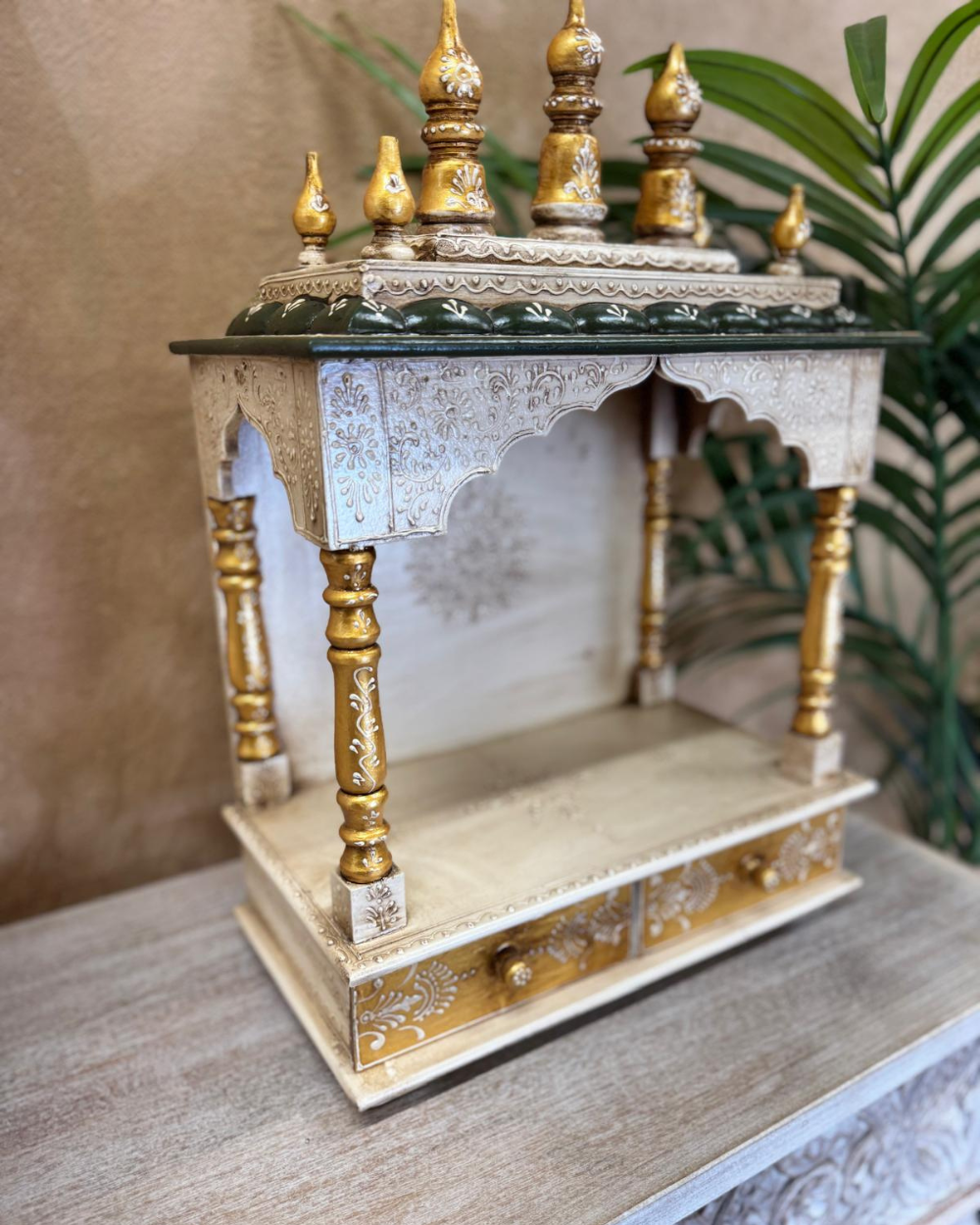 Hand-Carved Mango Wood Mandir – Natural & Green with Dome Finials