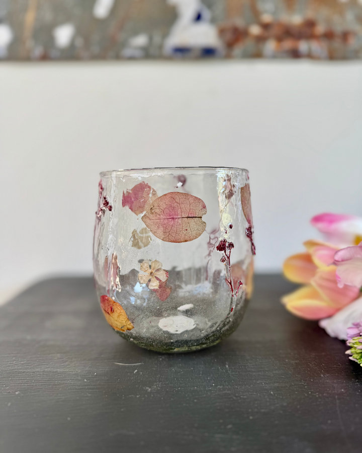 Recycled Glass vase or candle holder  with Pressed Autumnal Leaves – 12cm