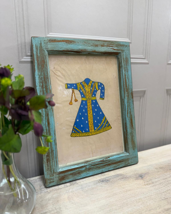 Vintage Mango Wood Framed Artwork – Hand-Painted Blue Traditional Dress