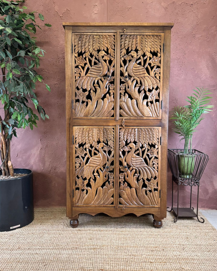 Hand-Carved Mango Wood 4-Door Cabinet with Peacock and Floral Designs