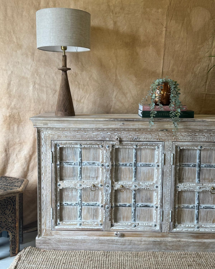 Hand-Carved Mango Wood Sideboard – Whitewashed with Metal Detailing