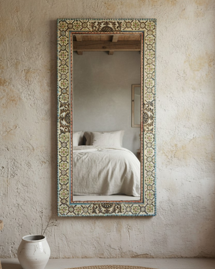 Hand-Painted Mango Wood Full-Length Mirror – Colourful Geometric Frame