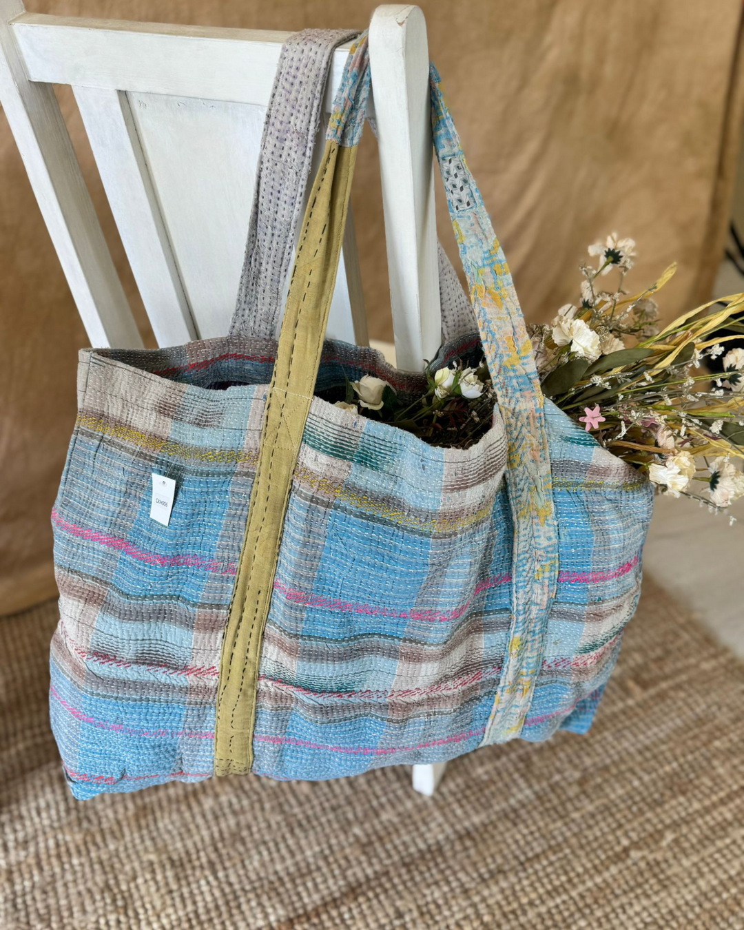 Handmade Upcycled Sari Tote Bag – Blue & Neutral Check | Multi-Purpose Everyday & Beach Bag