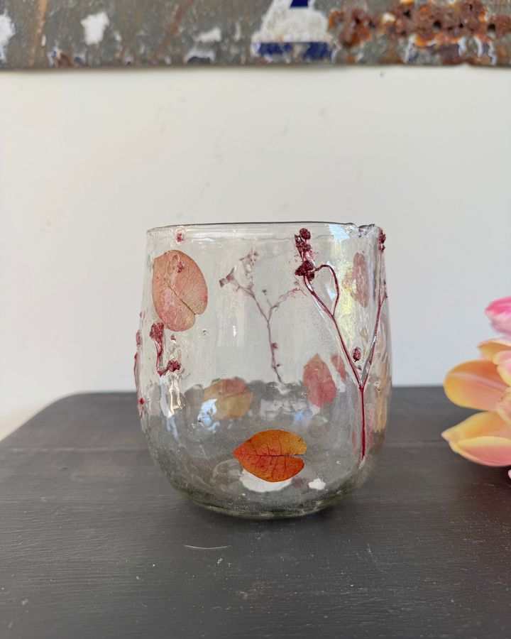 Recycled Glass vase or candle holder  with Pressed Autumnal Leaves – 12cm