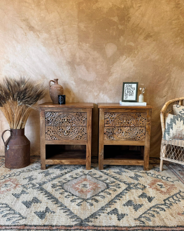 Pair of Mango Wood Bedside Tables – Intricate Floral Carved Design