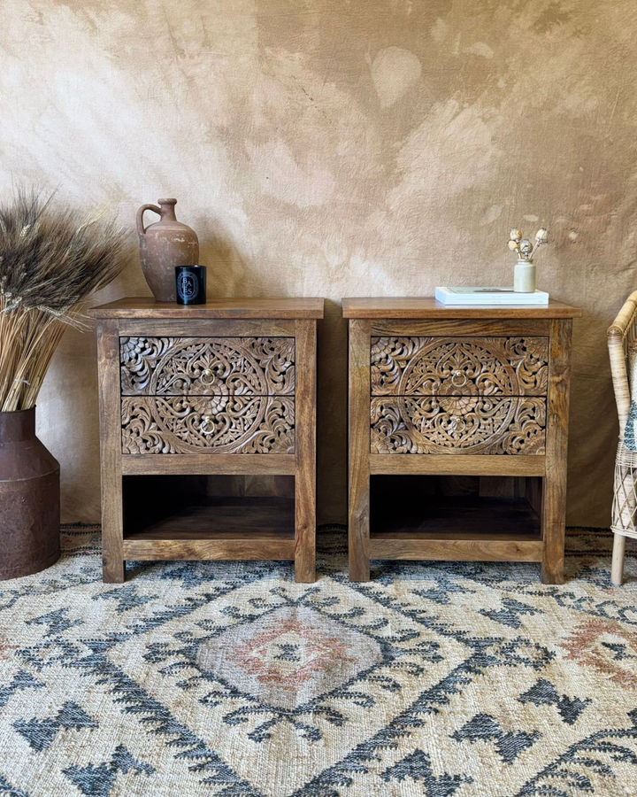 Pair of Mango Wood Bedside Tables – Intricate Floral Carved Design