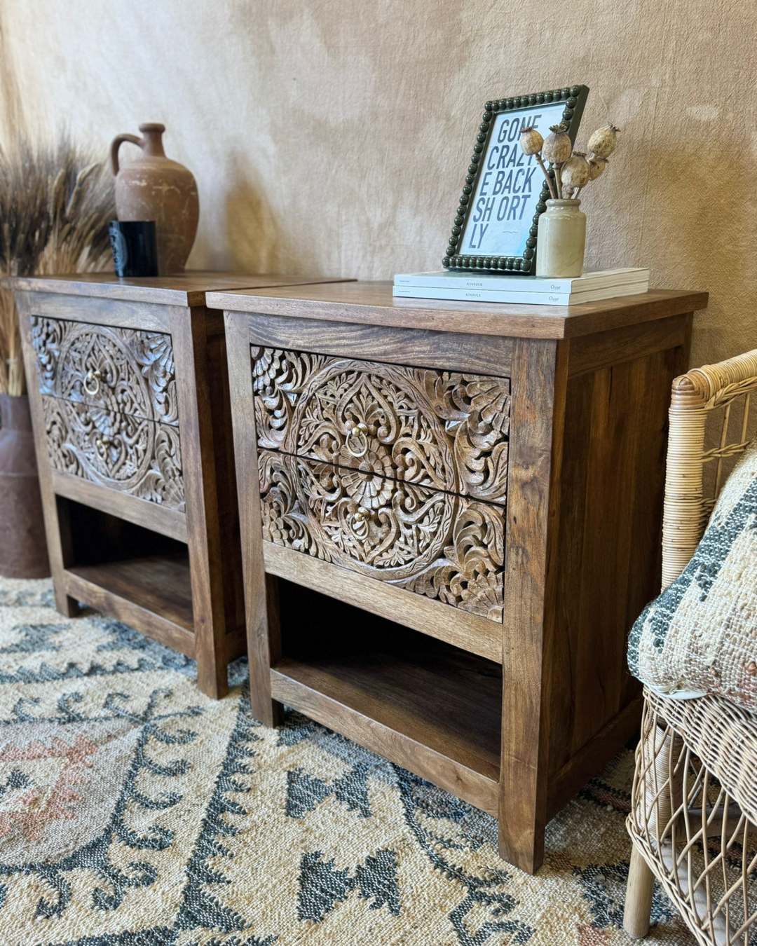 Pair of Mango Wood Bedside Tables – Intricate Floral Carved Design