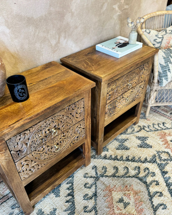 Pair of Mango Wood Bedside Tables – Intricate Floral Carved Design
