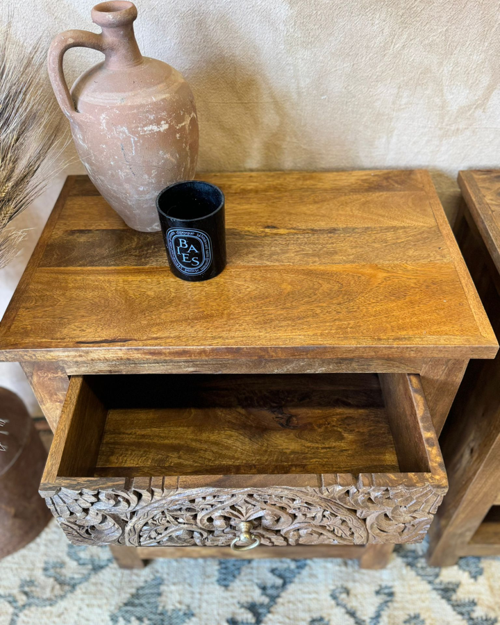 Pair of Mango Wood Bedside Tables – Intricate Floral Carved Design