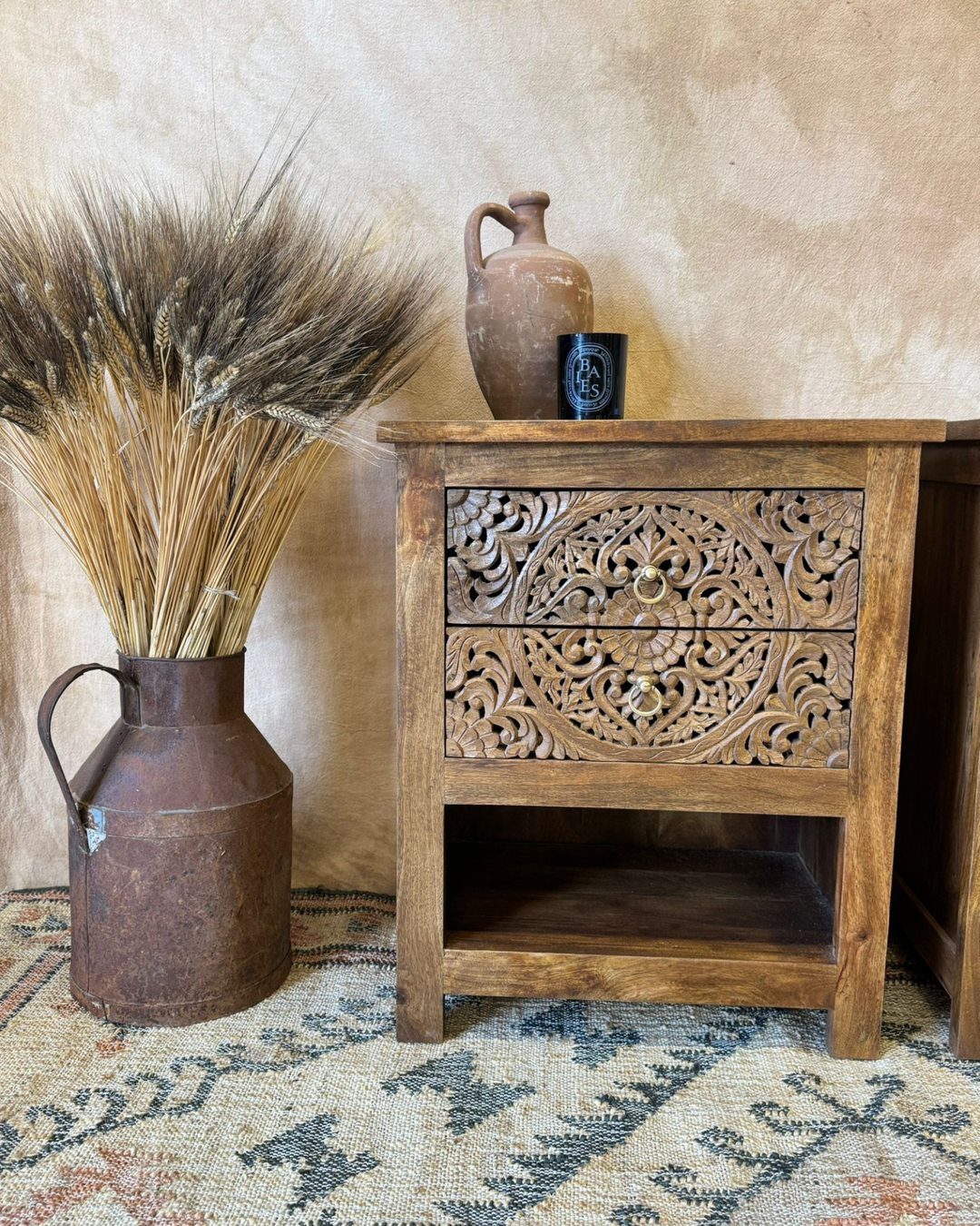 Pair of Mango Wood Bedside Tables – Intricate Floral Carved Design