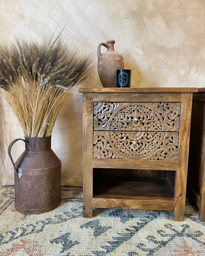 Pair of Mango Wood Bedside Tables – Intricate Floral Carved Design