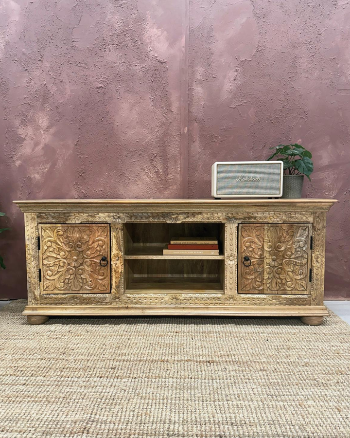 Hand-Carved Mango Wood TV Unit – Natural Polished Finish