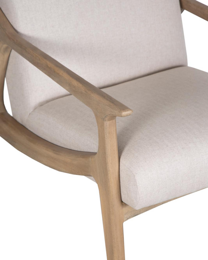 Handcrafted Mango Wood Armchair – Linen Upholstery