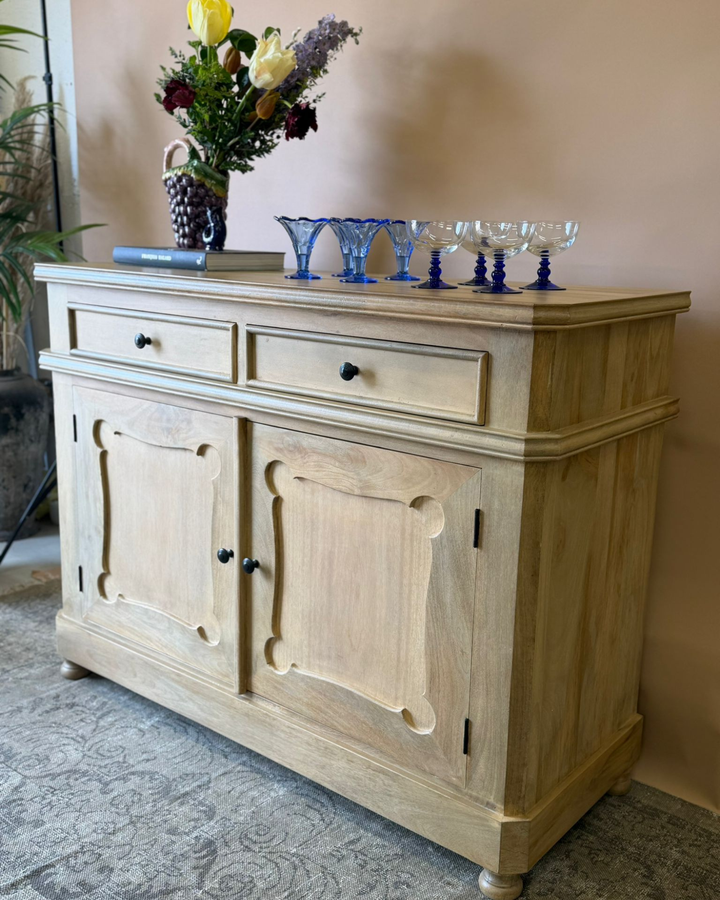 Large Natural Mango Wood Sideboard with Two Doors, Two Drawers and Internal Shelf