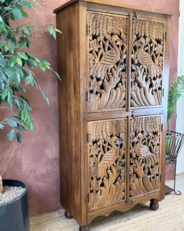 Hand-Carved Mango Wood 4-Door Cabinet with Peacock and Floral Designs