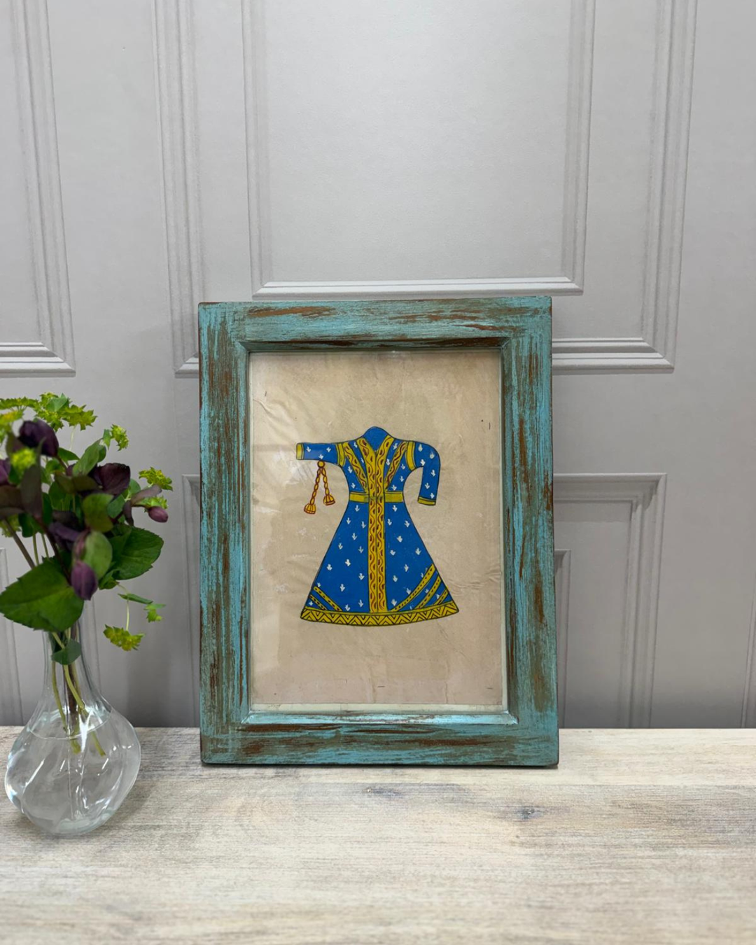 Vintage Mango Wood Framed Artwork – Hand-Painted Blue Traditional Dress