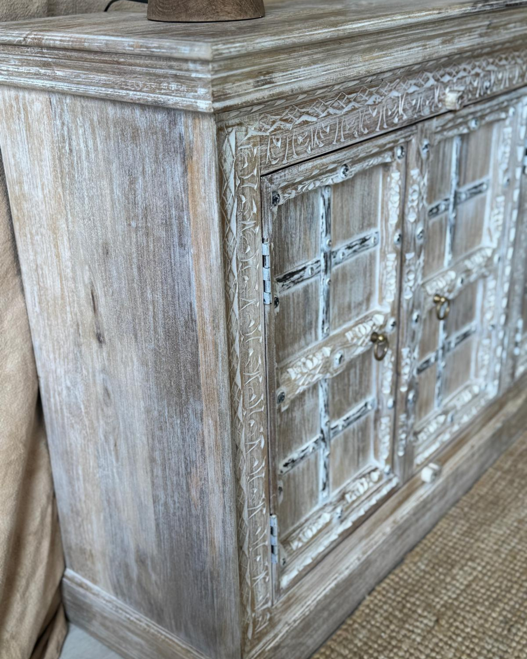 Hand-Carved Mango Wood Sideboard – Whitewashed with Metal Detailing
