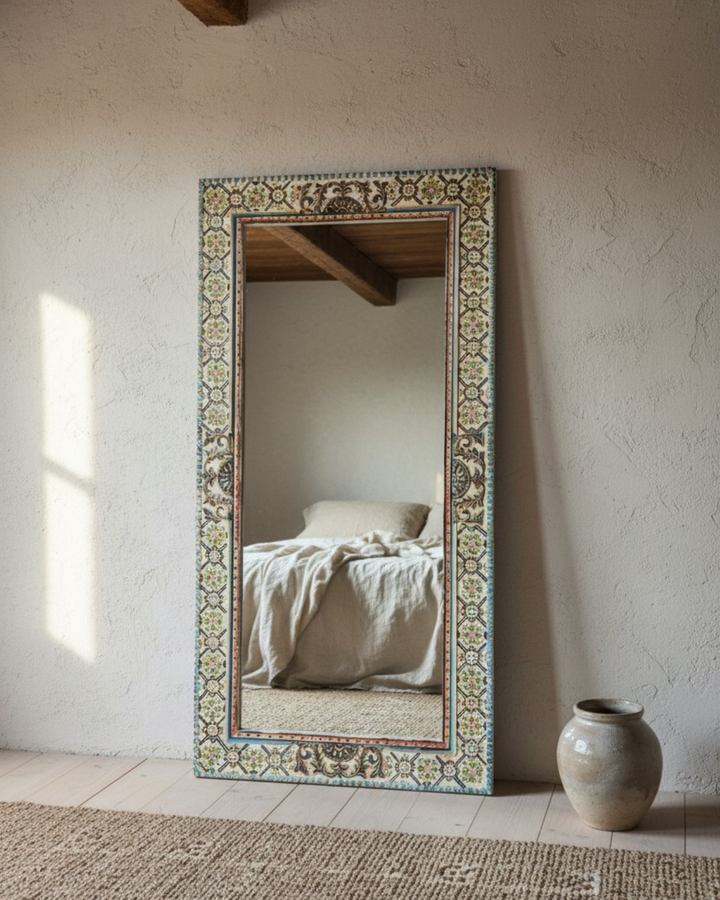 Hand-Painted Mango Wood Full-Length Mirror – Colourful Geometric Frame