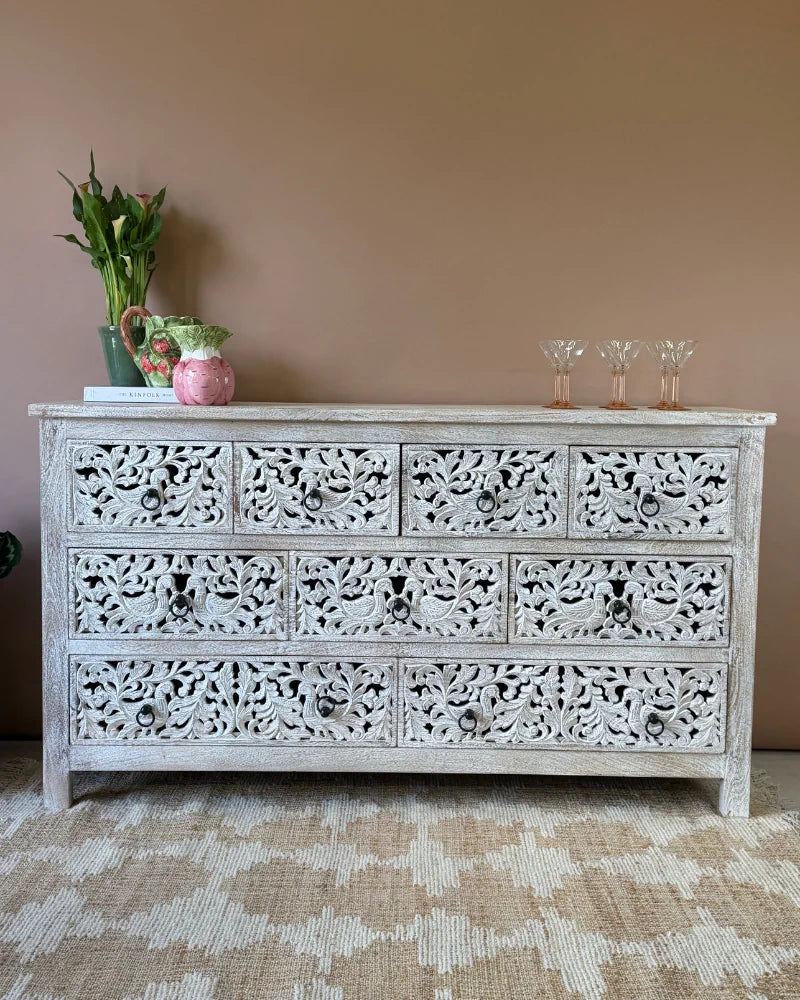 Hand-Carved Mango Wood 9 Drawer Chest – Whitewashed Peacock Design