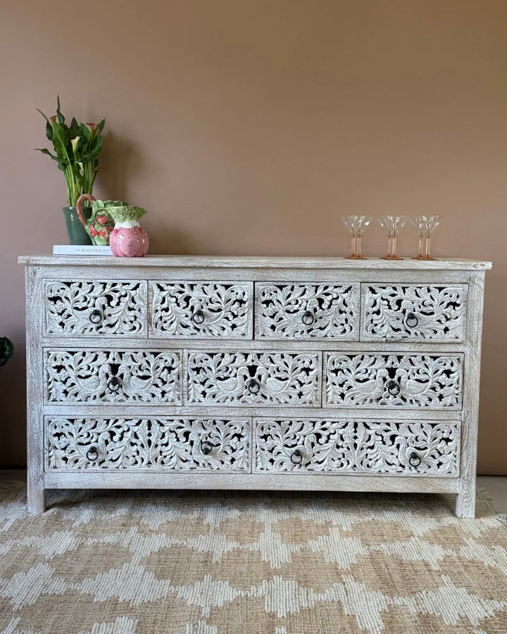 Hand-Carved Mango Wood 9 Drawer Chest – Whitewashed Peacock Design