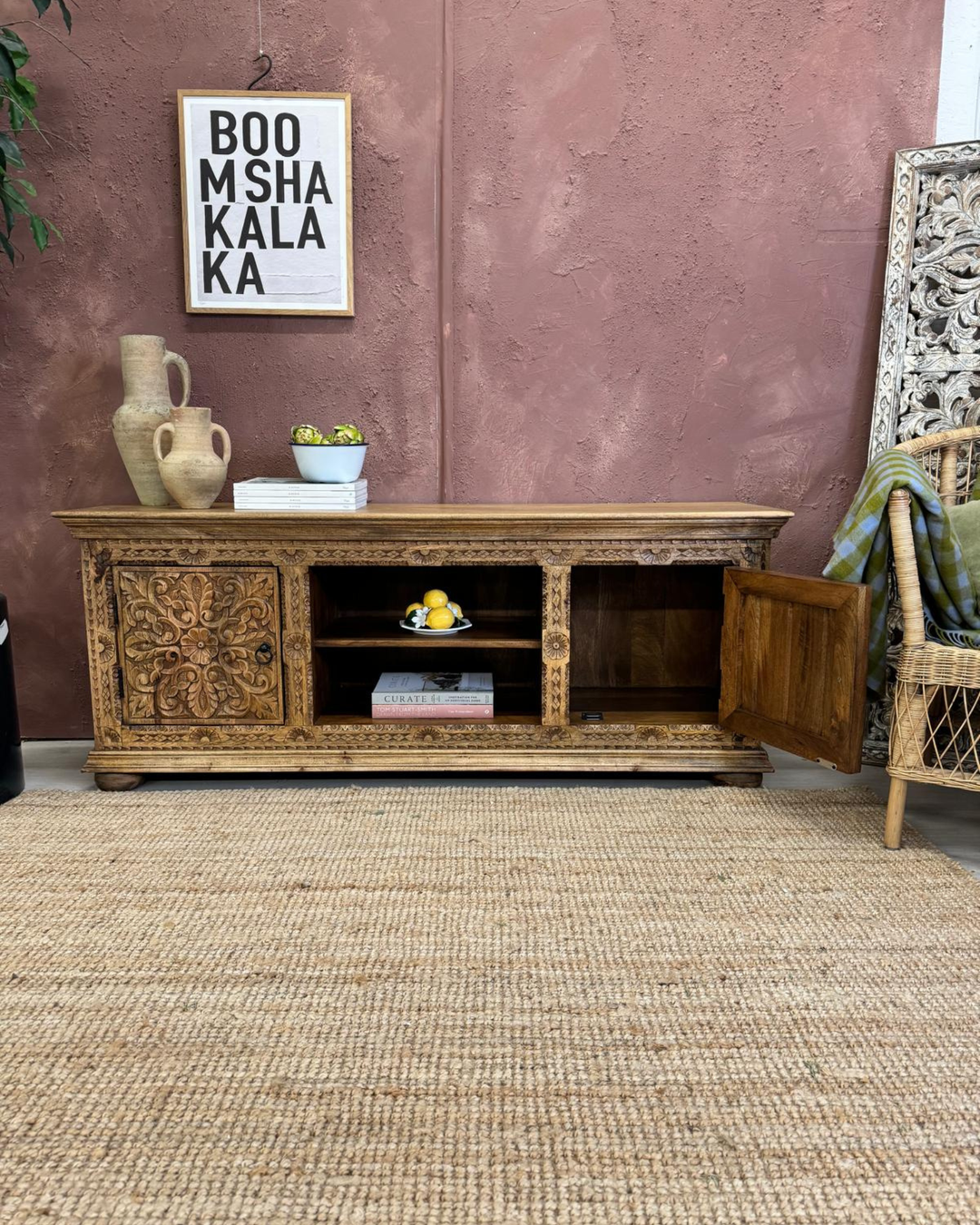 Hand-Carved Mango Wood TV Unit – Natural Polished Finish