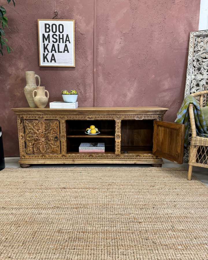 Hand-Carved Mango Wood TV Unit – Natural Polished Finish