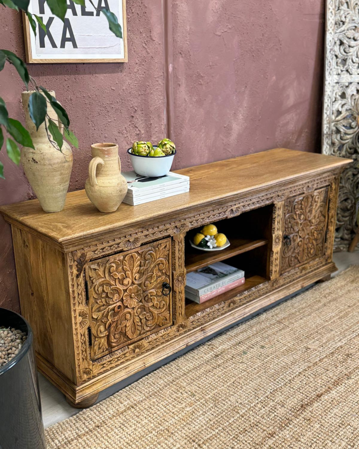 Hand-Carved Mango Wood TV Unit – Natural Polished Finish
