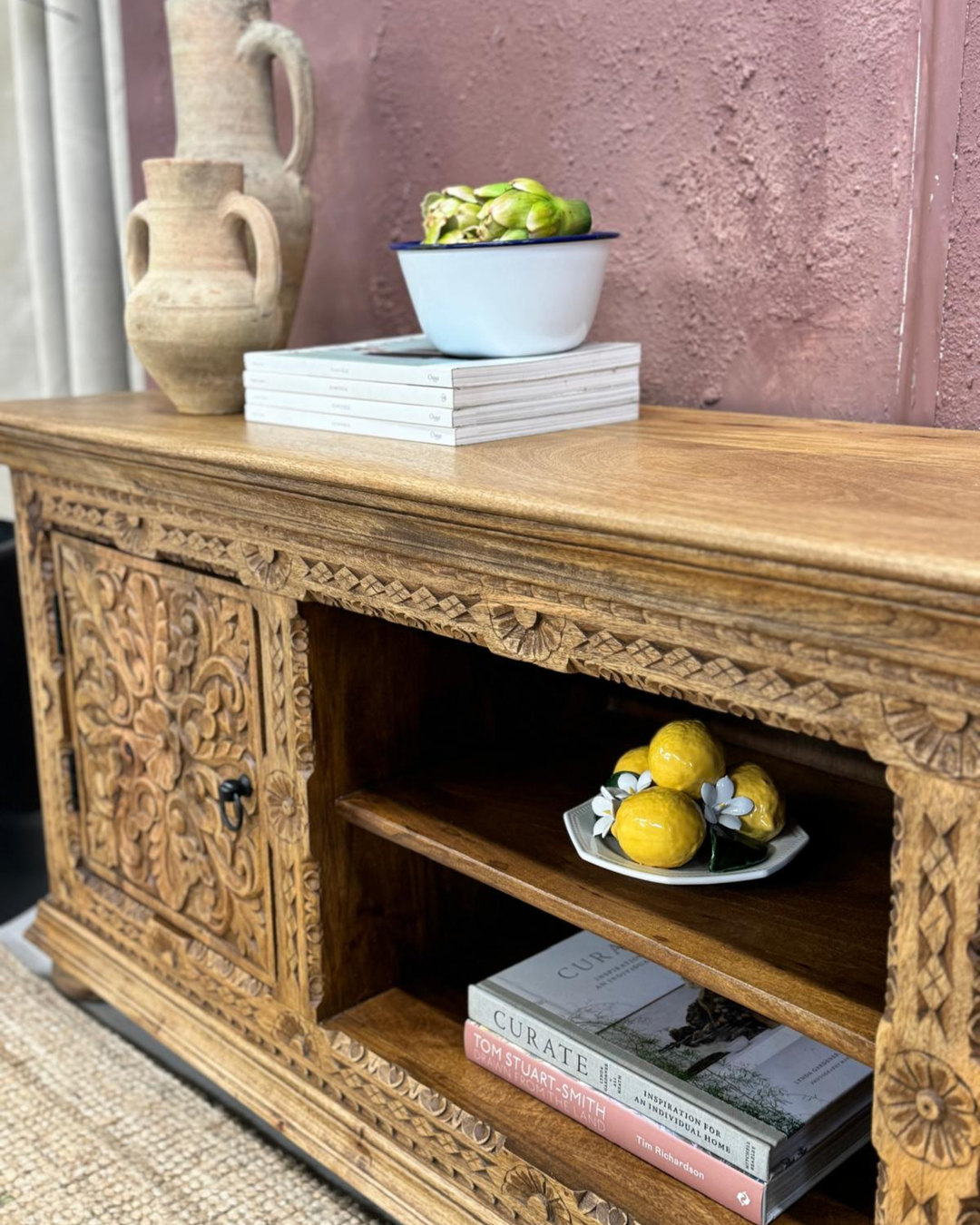 Hand-Carved Mango Wood TV Unit – Natural Polished Finish