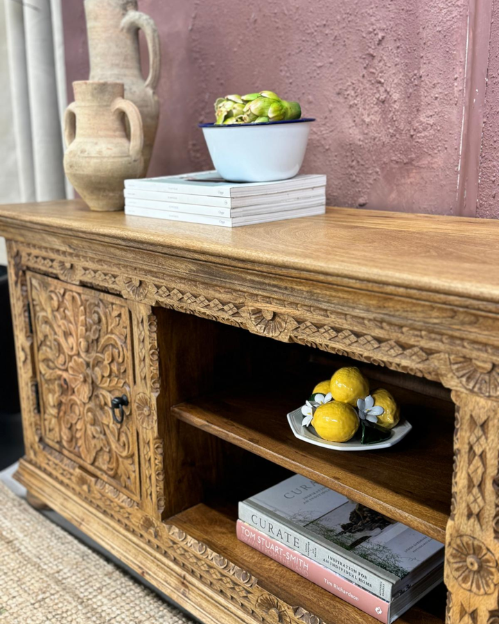 Hand-Carved Mango Wood TV Unit – Natural Polished Finish
