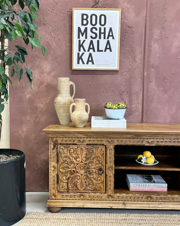 Hand-Carved Mango Wood TV Unit – Natural Polished Finish