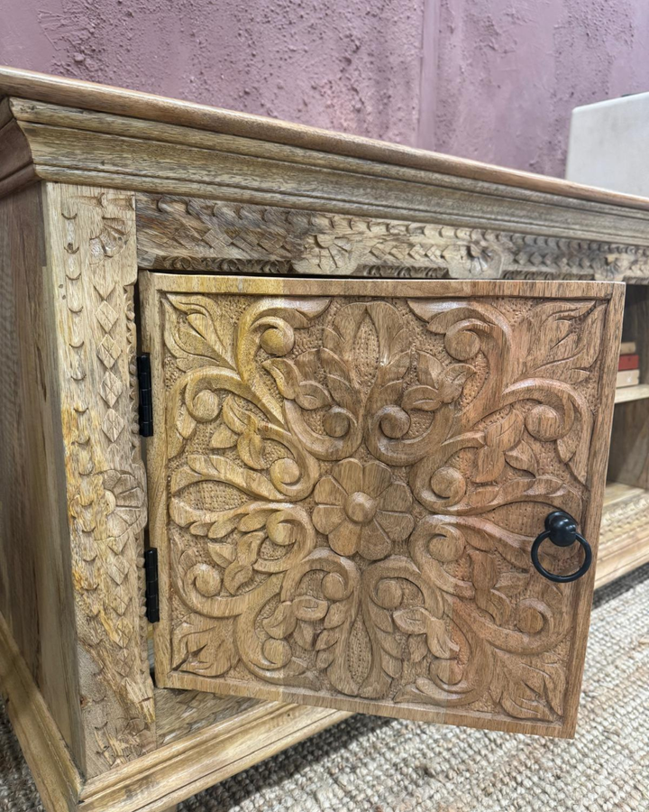 Hand-Carved Mango Wood TV Unit – Natural Polished Finish