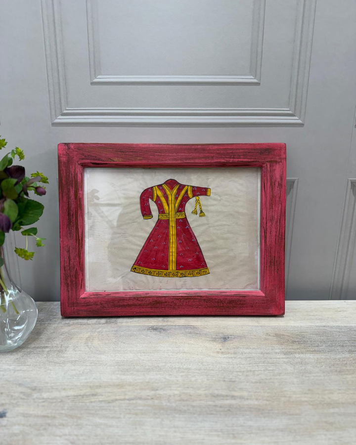 Vintage Mango Wood Framed Artwork – Hand-Painted Red Traditional Dress