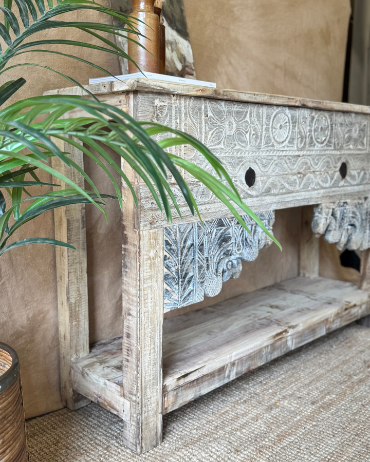 Vintage Hand-Carved Teak Console Table – Sunbleached Finish