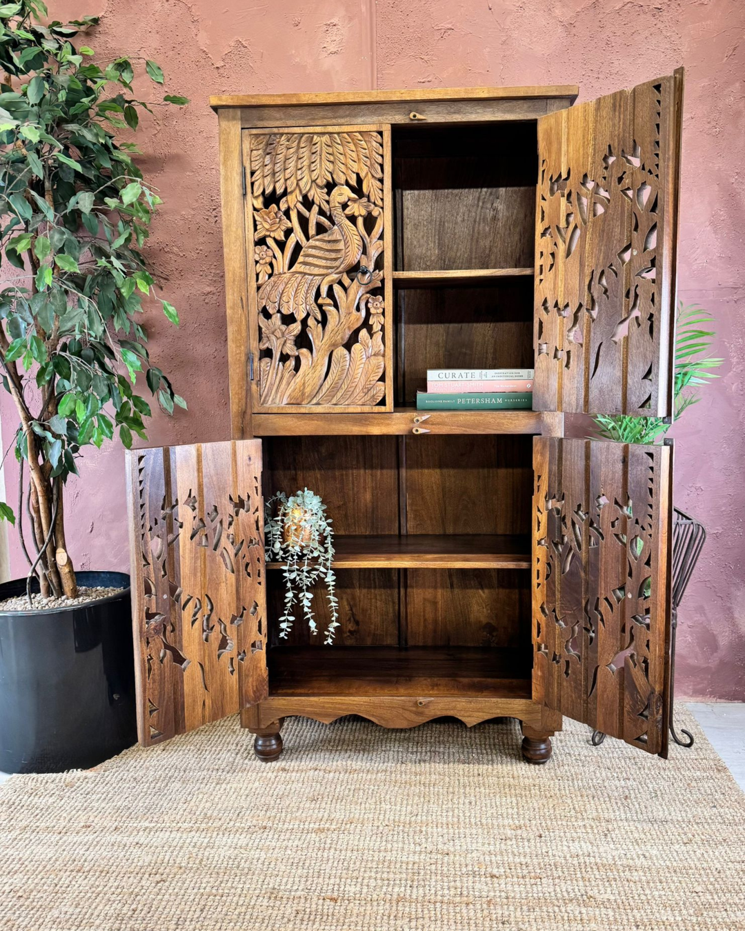 Hand-Carved Mango Wood 4-Door Cabinet with Peacock and Floral Designs