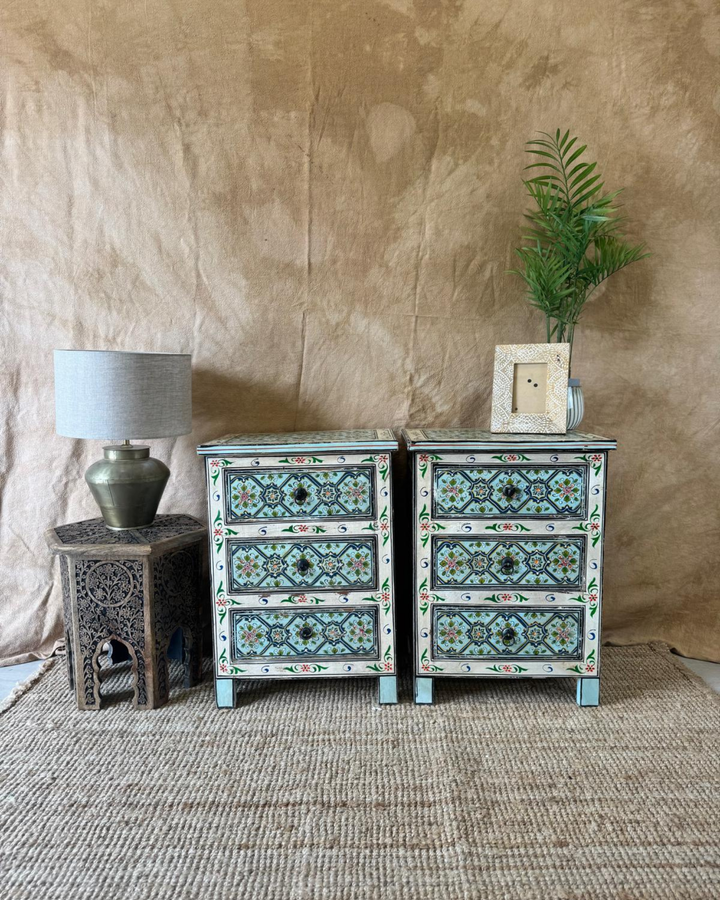 Pair of Hand-Painted Mango Wood Bedside Tables – Vintage Floral Motif in Blue & Ivory