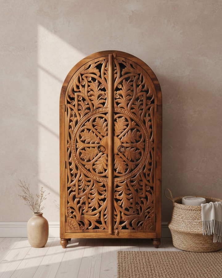 Arched Hand-Carved Mango Wood Armoire – Floral Openwork Design in Natural Finish