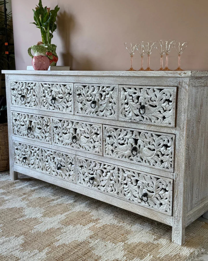 Hand-Carved Mango Wood 9 Drawer Chest – Whitewashed Peacock Design