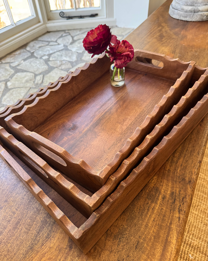 Set of 3 Hand-Carved Mango Wood Trays – Scalloped Edge Design