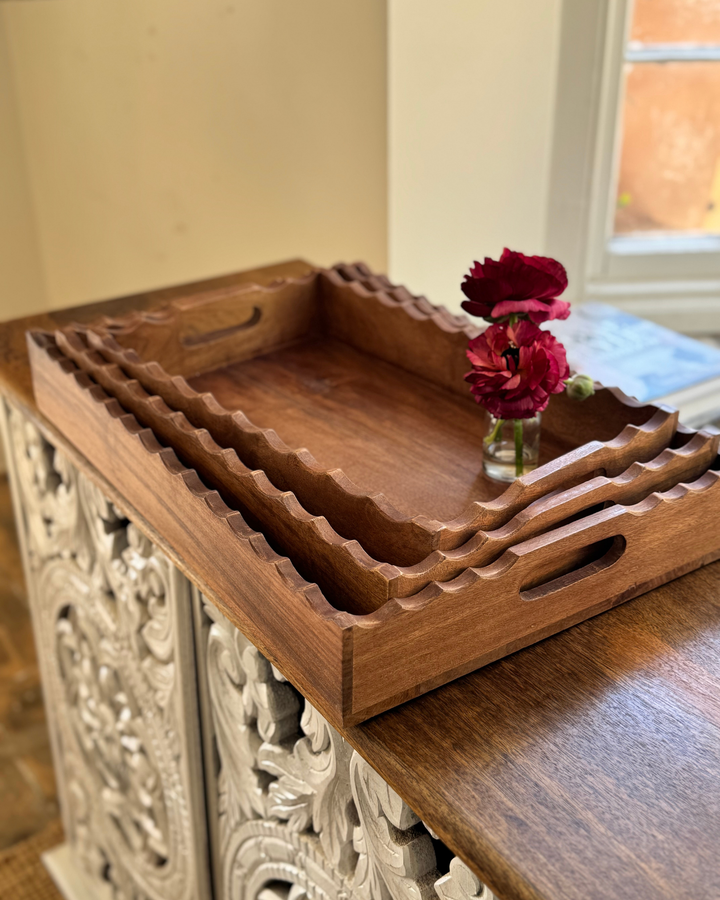 Set of 3 Hand-Carved Mango Wood Trays – Scalloped Edge Design