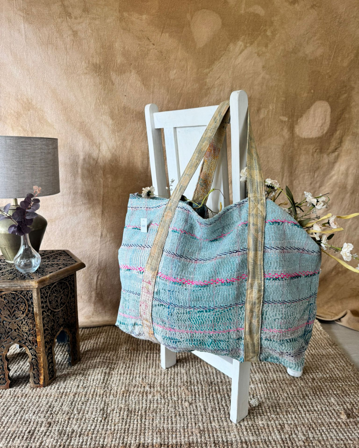 Handmade Upcycled Sari Tote Bag – Aqua with Pink Accents | Multi-Purpose Everyday & Beach Bag