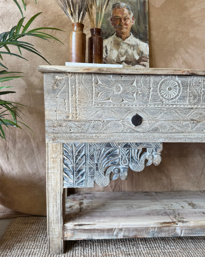 Vintage Hand-Carved Teak Console Table – Sunbleached Finish