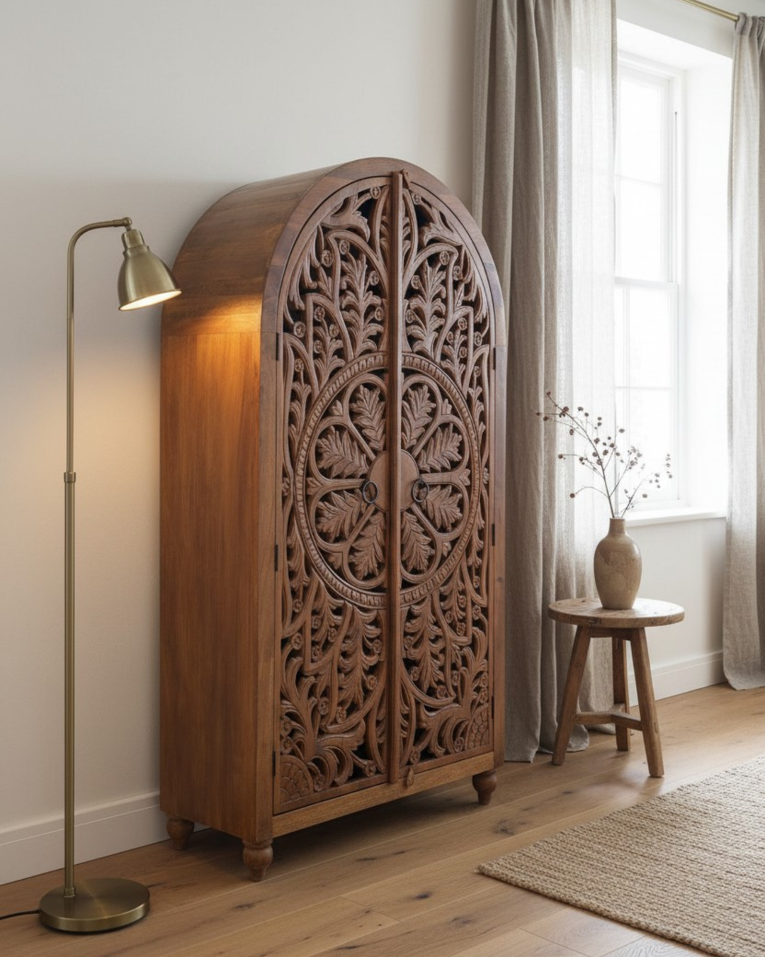 Arched Hand-Carved Mango Wood Armoire – Floral Openwork Design in Natural Finish